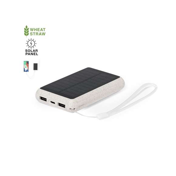 Batería auxiliar externa de recarga solar fabricada en fibra de trigo. De 5.000 mAh capacidad de carga. Con conector de entrada/salida Tipo C + salidas USB. Incluye panel fotovoltáico que brinda la facilidad de recargar la batería en cualquier espacio exterior sin necesidad de conexión. Presentado en una caja de diseño de kraft.Tipo C Entrada/Salida: 5V DC 2.4A, 12W2 Saidas USB: 5V DC 2.4A, 12WLas capacidades mostradas en todas nuestras baterías auxiliares externas son reales, incorporando todas ellas baterías de grado A y no recicladas, con una vida útil de al menos 500 ciclos de carga y según normativa CE. Además, están fabricadas conforme a los estándares RoHS y en cumplimiento con los siguientes requisitos de seguridad:Sistema de protección contra sobrecarga del power bank.Sistema de protección contra descarga completa que proporciona una mayor durabilidad del power bank.Sistema de bloqueo para evitar cortocircuitos.Sistema de transferencia de carga constante, acorde con la capacidad del dispositivo de destino.La caña de trigo fomenta la utilización de materias primas naturales, reduciendo así las emisiones contaminantes.