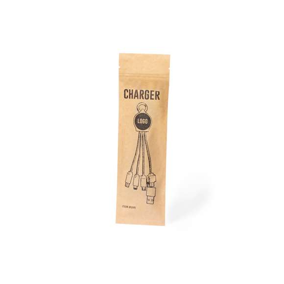 Cable cargador fabricado en bambú y superficie en elegante color negro, con luz led interior y un recubrimiento exterior especialmente diseñado para marcaje en láser, iluminando así el logotipo. Con conexiones de entrada Tipo C y USB y salidas Tipo C, Lightning y Micro USB. 5V DC 2.4A. Presentado en bolsa individual de diseño kraft.