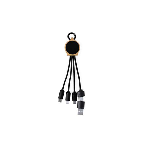 Cable cargador fabricado en bambú y superficie en elegante color negro, con luz led interior y un recubrimiento exterior especialmente diseñado para marcaje en láser, iluminando así el logotipo. Con conexiones de entrada Tipo C y USB y salidas Tipo C, Lightning y Micro USB. 5V DC 2.4A. Presentado en bolsa individual de diseño kraft.