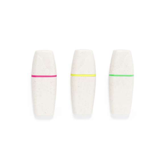 Original y práctico set de marcadores fluorescentes fabricados en caña de trigo y ABS. Incluye tres colores: amarillo, verde y rosa fluorescente. Presentados en bote con cuerpo transparente y tapa blanca a rosca, con superficie lisa para marcaje.La caña de trigo fomenta la utilización de materias primas naturales, reduciendo así las emisiones contaminantes.
