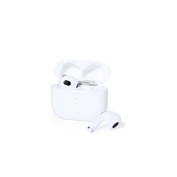 Auriculares intraurales con conexión Bluetooth 5.3 y función manos libres. De diseño ergonómico, incluyen botón de control táctil integrado en el auricular, con base de carga a juego. Batería integrada de 300 mAh y presentados en caja individual de diseño kraft. Manual de instrucciones en español e inglés.