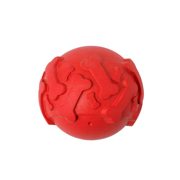 Divertida pelota para mascotas en resistente goma. Ofrece horas de entretenimiento duradero, con original relieve de huesos que añaden textura y estimulan el juego. Disponible en una gama de vivos colores. Presentada individualmente en bolsa de papel reciclada.