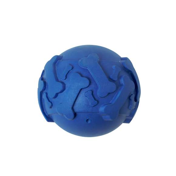 Divertida pelota para mascotas en resistente goma. Ofrece horas de entretenimiento duradero, con original relieve de huesos que añaden textura y estimulan el juego. Disponible en una gama de vivos colores. Presentada individualmente en bolsa de papel reciclada.