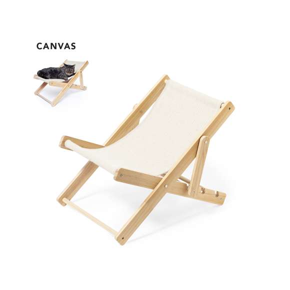 Ingeniosa silla de mascotas, con estructura fabricada en sólida madera y asiento en confortable tejido canvas, de acabado suave y resistente. Dseñada para un óptimo descanso de las mascotas y con distintos niveles de altura. Presentada en una caja individual kraft.
