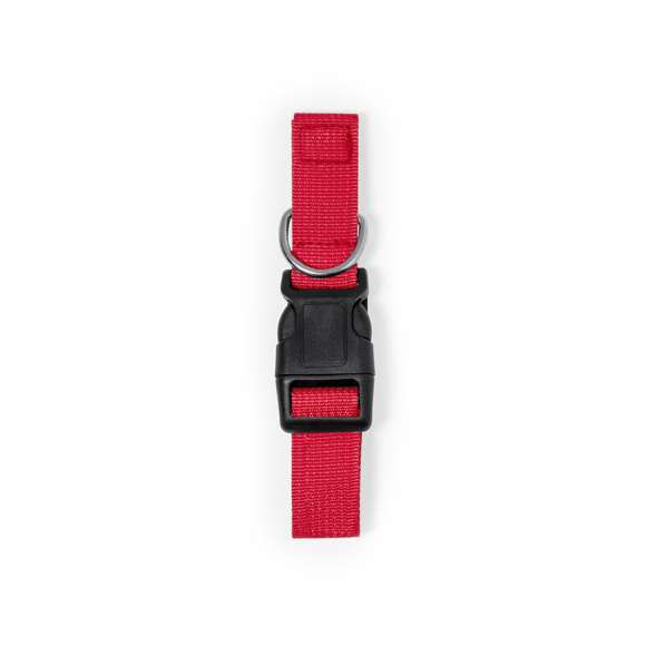 Collar para mascotas en resistente y suave poliéster de vivos colores. Con cinta ajustable, cierre de clic y accesorio metálico para cinta de paseo.
