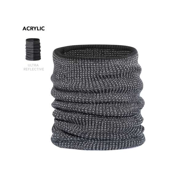 Cálida braga para cuello reflectante de punto de canalé, fabricado en material suave acrílico elástico en combinación con poliéster, e interior en suave polar fleece. Incluye un hilo reflectante entrelazado dentro del tejido para aumentar la visibilidad.