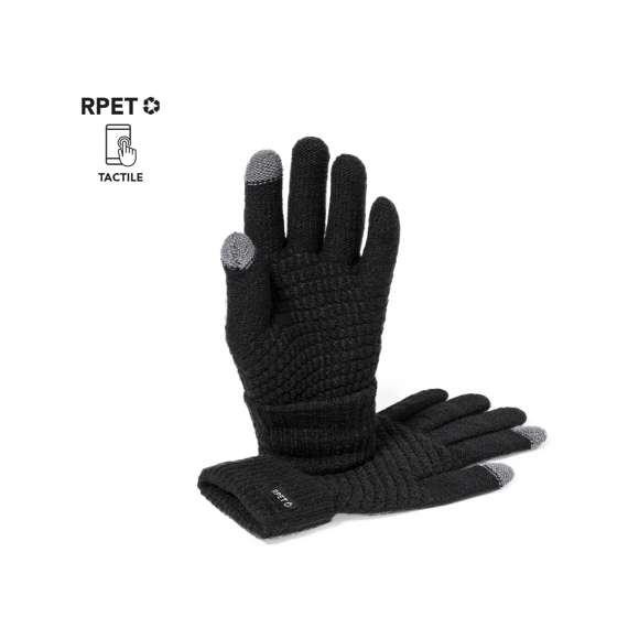 Práctico par de guantes para dispositivos con pantalla táctil. De cálido y suave acabado poliéster RPET. Función táctil en dedos índice y pulgar. Talla única adulto, con logotipo RPET en etiqueta exterior.El material RPET se elabora a partir de plástico reciclado, para así fomentar la reutilización de residuos plásticos y ayudar a la sostenibilidad del planeta.