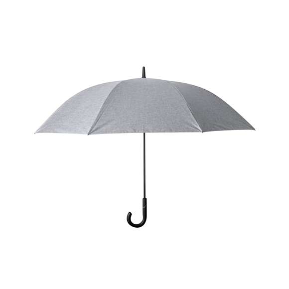 Paraguas de alta calidad y 130cm de diámetro, fabricado en material poliéster 150D y en elegante tono gris jaspeado. Apertura automática y varillas de fibra de vidrio, con sistema antiviento y cierre de velcro. Con mango ergonómico en suave ABS y presentado en bolsa reciclada.
