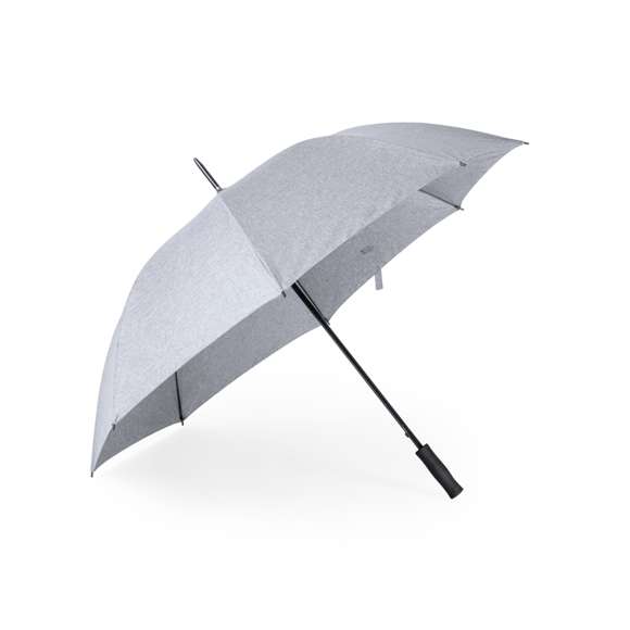 Paraguas de alta calidad y 130cm de diámetro, fabricado en material poliéster 150D y en elegante tono gris jaspeado. Apertura automática, varillas de fibra de vidrio antiviento y cierre de velcro. Mango recto fabricado en EVA. Presentado en bolsa reciclada.