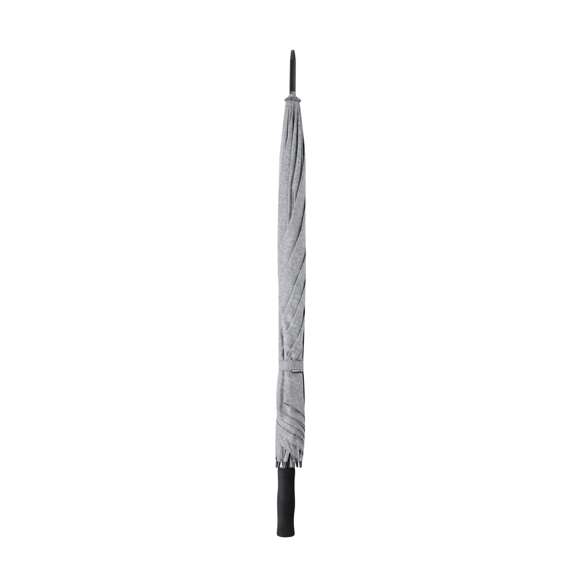 Paraguas de alta calidad y 130cm de diámetro, fabricado en material poliéster 150D y en elegante tono gris jaspeado. Apertura automática, varillas de fibra de vidrio antiviento y cierre de velcro. Mango recto fabricado en EVA. Presentado en bolsa reciclada.