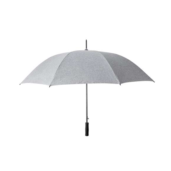 Paraguas de alta calidad y 130cm de diámetro, fabricado en material poliéster 150D y en elegante tono gris jaspeado. Apertura automática, varillas de fibra de vidrio antiviento y cierre de velcro. Mango recto fabricado en EVA. Presentado en bolsa reciclada.
