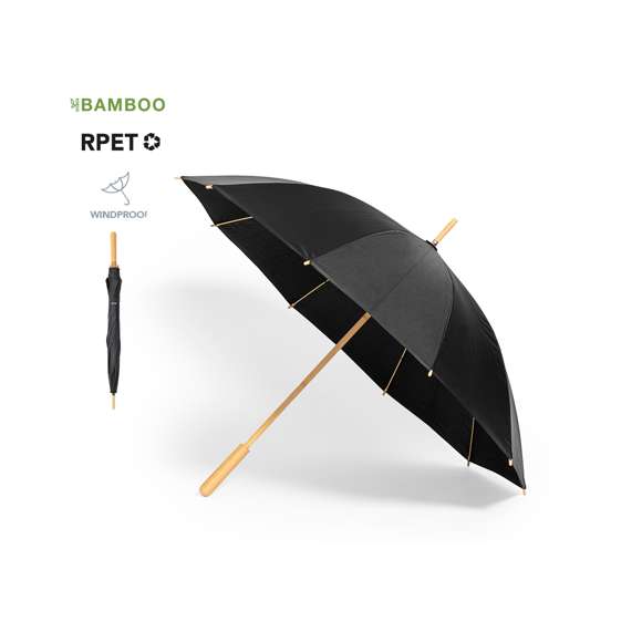 Paraguas de 140cm de diámetro en material pongee 190T RPET. Apertura manual y varillas de fibra de vidrio antiviento, de elegante color negro con cierre de velcro. Mango recto hecho en bambú y etiqueta distintiva RPET.El material RPET se elabora a partir de plástico reciclado, para así fomentar la reutilización de residuos plásticos y ayudar a la sostenibilidad del planeta.