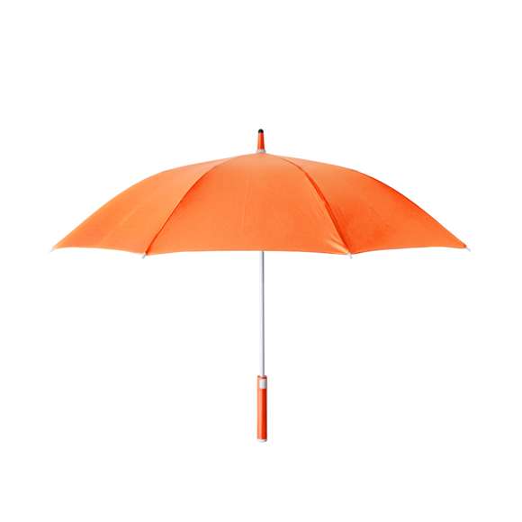 Paraguas de 105cm de diámetro en material poliéster 190T RPET. Apertura automática y varillas de fibra de vidrio antiviento, en variedad de alegres colores en cierre de velcro. Mango recto y caña en suave ABS de tacto gomoso, con etiqueta distintiva RPET.El material RPET se elabora a partir de plástico reciclado, para así fomentar la reutilización de residuos plásticos y ayudar a la sostenibilidad del planeta.
