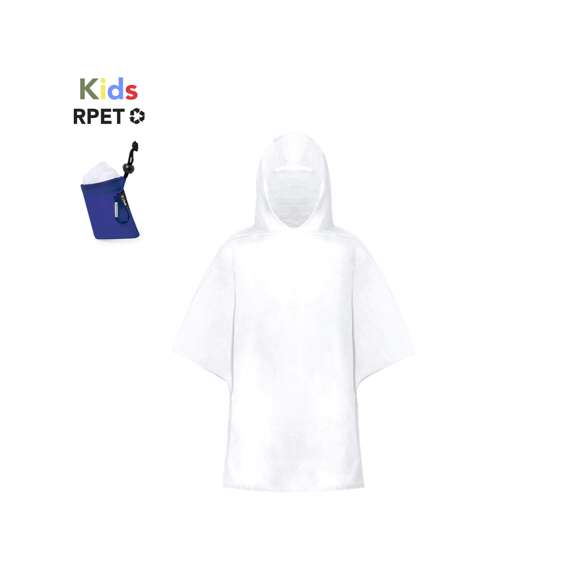 Poncho para niño en material PE. En medidas 90x64cm y presentado en funda de poliéster RPET. Bolsa con mosquetón a juego para fácil transporte y cierre ajustable, disponible en variada gama de colores. Con logotipo RPET en etiqueta exterior.El material RPET se elabora a partir de plástico reciclado, para así fomentar la reutilización de residuos plásticos y ayudar a la sostenibilidad del planeta.