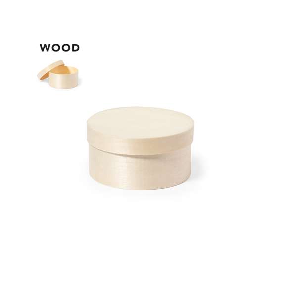 Caja de presentación formato redondo, fabricada en madera natural y con tapa a juego.