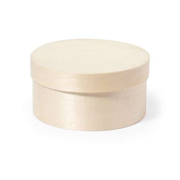 Caja de presentación formato redondo, fabricada en madera natural y con tapa a juego.