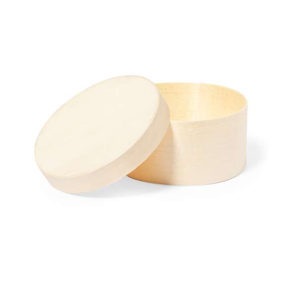 Caja de presentación formato redondo, fabricada en madera natural y con tapa a juego.