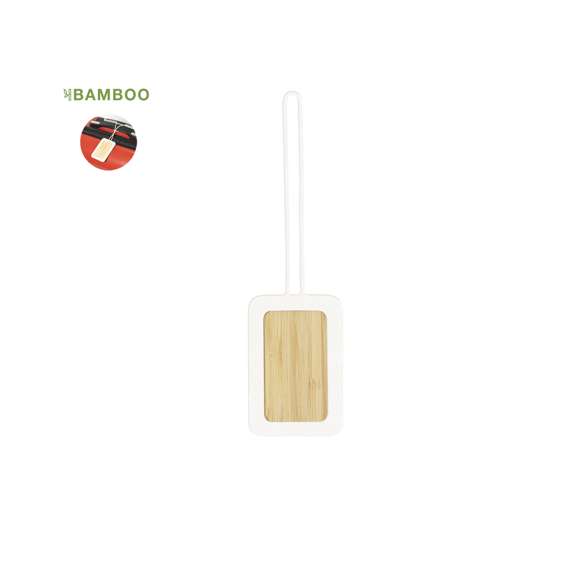 Identificador para maletas fabricado en bambú y silicona veteada. Para sujetar a cualquier maleta gracias a su cinta flexible e indicar información básica. Fabricado en silicona con efecto natural, con placa central en bambú. Presentado en bolsa individual de papel reciclado.Materiales como el bambú fomentan la utilización de materias primas naturales, reduciendo las emisiones contaminantes. Proviene de una planta de gran resistencia y versatilidad, con crecimiento y regeneración rápidos, siendo una excelente alternativa al uso de madera tradicional.
