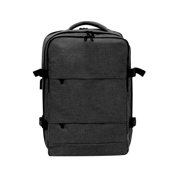 Mochila multifunción fabricada en 300D RPET. Elaborada con poliéster reciclado y resistente al agua, cuenta con una excelente transpirabilidad en la zona trasera, facilitando la disipación del calor gracias a sus cintas y respaldo acolchados. Las cintas anchas están diseñadas para aliviar la presión en los hombros, permitiendo llevar la mochila cómodamente durante largos periodos.Perfecta para cualquier situación por tener múltiples compartimentos: 2 bolsillos frontales. 3 compartimentos grandes centrales, uno de ellos portatodo, un bolsillo central de gran capacidad para guardad ropa y/o complementos con organizador en su interior, y un tercero acolchado, perfecto para llevar portátil de hasta 17,3 pulgadas. Además, cuenta con 3 apartados especiales, un bolsillo lateral perfecto para tener acceso rápido, bolsillo para calzado en la base con argollas de ventilación, y bolsillo antirrobo en la espalda, además de cable USB. Perfecta para viajes o para el día a día por sus cintas ajustables, adaptándose a todo estilo de vida. Disponible en negro y gris, con logotipo RPET incluido. Presentada individualmente en bolsa reciclada.El material RPET se elabora a partir de plástico reciclado, para así fomentar la reutilización de residuos plásticos y ayudar a la sostenibilidad del planeta.