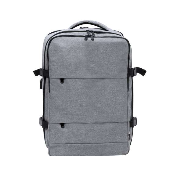 Mochila multifunción fabricada en 300D RPET. Elaborada con poliéster reciclado y resistente al agua, cuenta con una excelente transpirabilidad en la zona trasera, facilitando la disipación del calor gracias a sus cintas y respaldo acolchados. Las cintas anchas están diseñadas para aliviar la presión en los hombros, permitiendo llevar la mochila cómodamente durante largos periodos.Perfecta para cualquier situación por tener múltiples compartimentos: 2 bolsillos frontales. 3 compartimentos grandes centrales, uno de ellos portatodo, un bolsillo central de gran capacidad para guardad ropa y/o complementos con organizador en su interior, y un tercero acolchado, perfecto para llevar portátil de hasta 17,3 pulgadas. Además, cuenta con 3 apartados especiales, un bolsillo lateral perfecto para tener acceso rápido, bolsillo para calzado en la base con argollas de ventilación, y bolsillo antirrobo en la espalda, además de cable USB. Perfecta para viajes o para el día a día por sus cintas ajustables, adaptándose a todo estilo de vida. Disponible en negro y gris, con logotipo RPET incluido. Presentada individualmente en bolsa reciclada.El material RPET se elabora a partir de plástico reciclado, para así fomentar la reutilización de residuos plásticos y ayudar a la sostenibilidad del planeta.