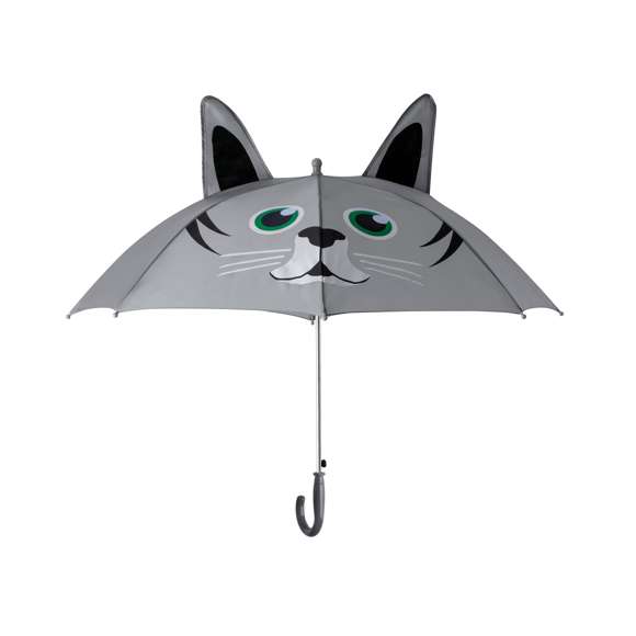 Paraguas infantil con divertidos diseños de gato y rana. De 78cm de diámetro y fabricado en resistente material poliéster 180T. Apertura automática, con caña y varillas de metal, mango curvo y funda de poliéster a juego.