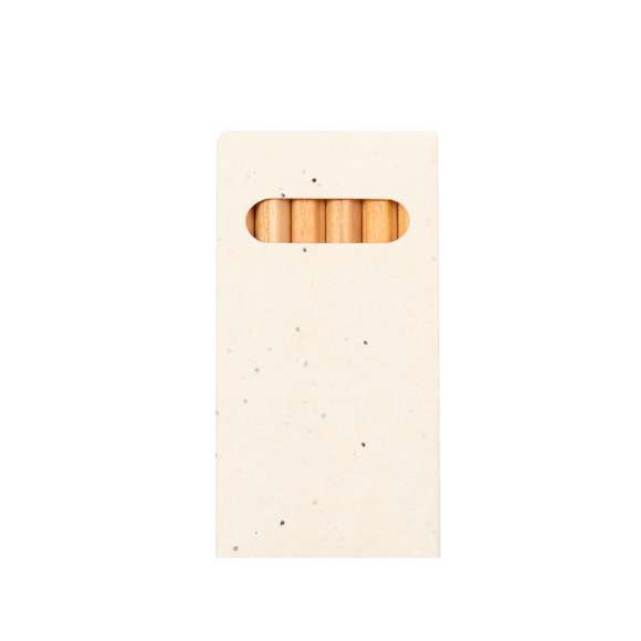 Set de 6 lápices en caja de cartón natural con semillas. Lápices de madera con cuerpo hexagonal de acabado natural y minas en variada gama de colores. Incluye semillas de petunia en la caja, convirtiéndolo así en cartón plantable al final de su vida útil. Flores en colores surtidos, con instrucciones de plantado en la cubierta trasera.