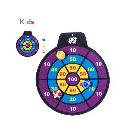 Divertida diana de tela con pelotas de velcro. Perfecta para todas las edades ofreciendo un objetivo desafiante y seguro. El juego consiste en lanzar a la diana con puntuaciónes las pelotas de distintos colores, que se quedarán fijas gracias a su envoltura de velcro. Fácil de colgar en cualquier sitio y a cualquier altura mediante agujero. Incluye diana de tela flexible y 3 pelotas con velcro. Presentado en bolsa reciclada.