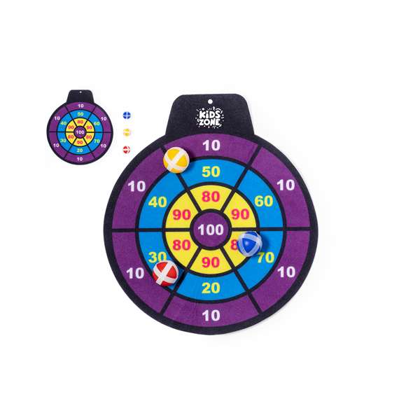 Divertida diana de tela con pelotas de velcro. Perfecta para todas las edades ofreciendo un objetivo desafiante y seguro. El juego consiste en lanzar a la diana con puntuaciónes las pelotas de distintos colores, que se quedarán fijas gracias a su envoltura de velcro. Fácil de colgar en cualquier sitio y a cualquier altura mediante agujero. Incluye diana de tela flexible y 3 pelotas con velcro. Presentado en bolsa reciclada.