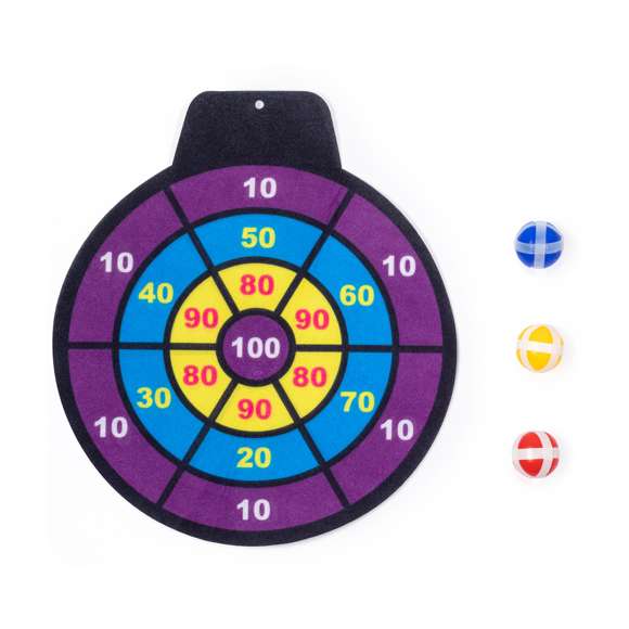 Divertida diana de tela con pelotas de velcro. Perfecta para todas las edades ofreciendo un objetivo desafiante y seguro. El juego consiste en lanzar a la diana con puntuaciónes las pelotas de distintos colores, que se quedarán fijas gracias a su envoltura de velcro. Fácil de colgar en cualquier sitio y a cualquier altura mediante agujero. Incluye diana de tela flexible y 3 pelotas con velcro. Presentado en bolsa reciclada.