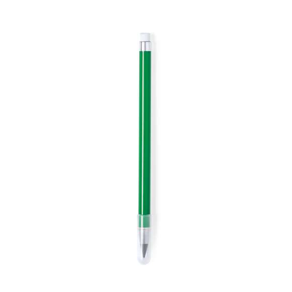 Lápiz eterno fabricado en resistente ABS. Reutilizable y con escritura infinita, para usar siempre el mismo lápiz y no generar residuos. Incluye goma de borrar en la parte superior del lápiz, capucha para proteger la punta, con estilo elegante combinando elementos de colores con elementos en plata. Disponible en una amplia gama de colores.