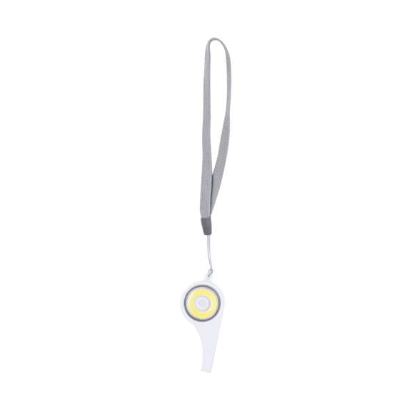 Ingenioso silbato multiusos con luz integrada en el cuerpo. Fabricado en resistente ABS, con 6 luces COB y varias posiciones de iluminación: fija con dos niveles de intensidad e intermitente para una mayor visibilidad. Cordón para un cómodo transporte y está alimentado por una pila de botón (incluida). Presentado en caja de diseño kraft.
