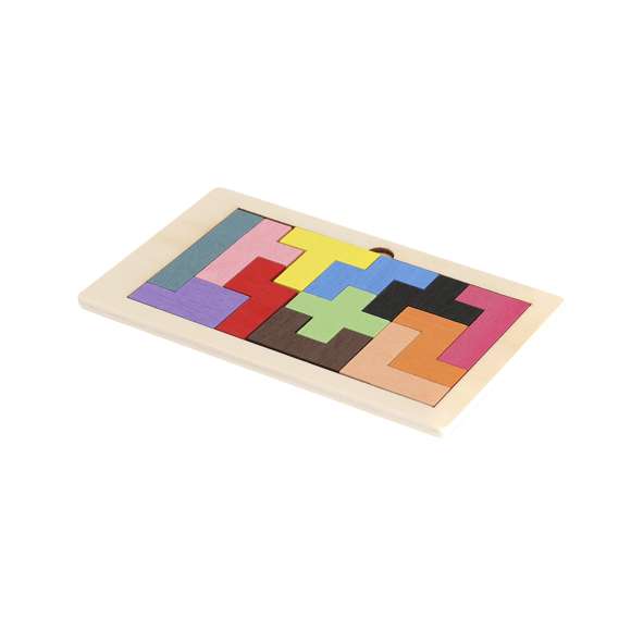 Juego de habilidad fabricado en madera. Contiene 12 piezas poligonales fabricadas en suave madera y pintadas en divertidos colores. Permite formar diversas figuras gracias a las diferentes formas de las piezas, pudiendo guardarlas cómodamente en su base fabricada también en madera.