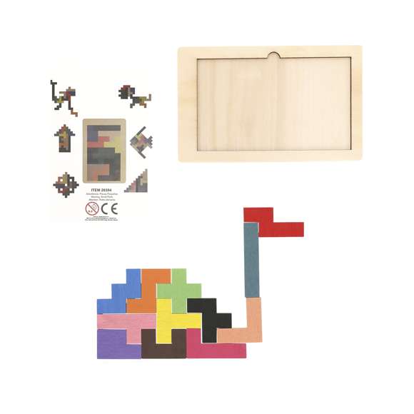 Juego de habilidad fabricado en madera. Contiene 12 piezas poligonales fabricadas en suave madera y pintadas en divertidos colores. Permite formar diversas figuras gracias a las diferentes formas de las piezas, pudiendo guardarlas cómodamente en su base fabricada también en madera.