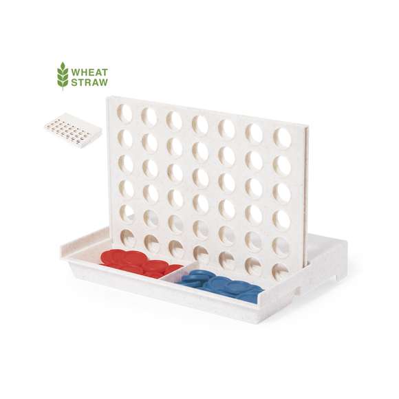 Divertido juego de mesa fabricado en caña de trigo. Compuesto por un tablero vertical y 42 piezas circulares (21 rojas y 21 azules). Emoción para todas las edades introduciendo las fichas por las ranuras para conseguir 4 fichas en 1 misma fila. Fácil de montar por su tablero móvil pudiendo desplegar o plegar. Presentado en caja de diseño kraft.