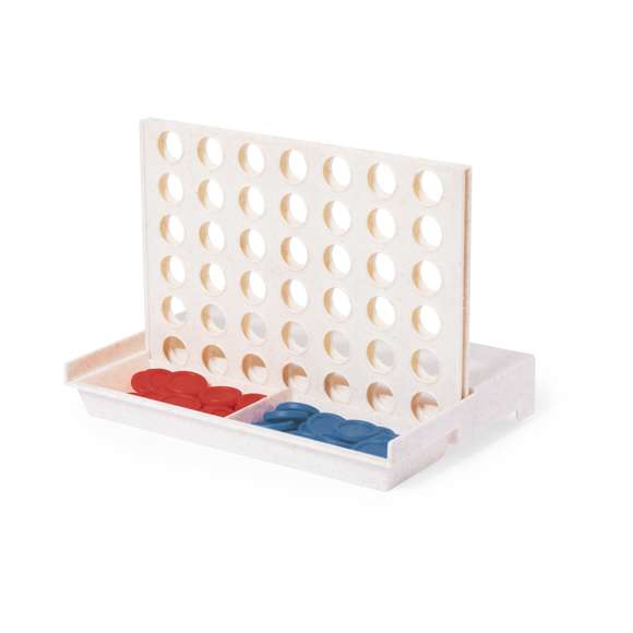 Divertido juego de mesa fabricado en caña de trigo. Compuesto por un tablero vertical y 42 piezas circulares (21 rojas y 21 azules). Emoción para todas las edades introduciendo las fichas por las ranuras para conseguir 4 fichas en 1 misma fila. Fácil de montar por su tablero móvil pudiendo desplegar o plegar. Presentado en caja de diseño kraft.