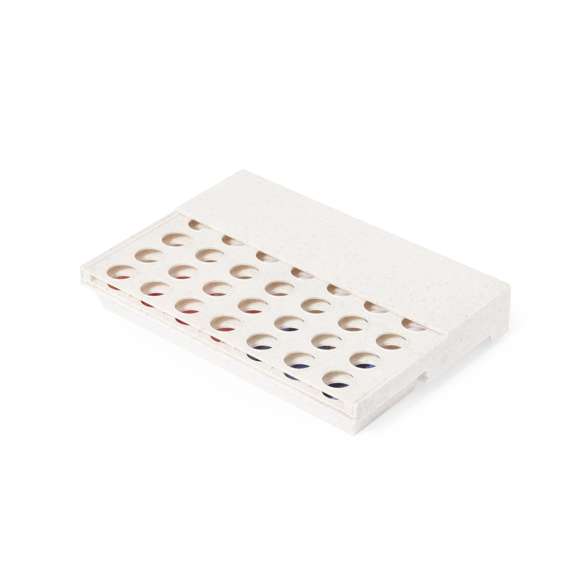 Divertido juego de mesa fabricado en caña de trigo. Compuesto por un tablero vertical y 42 piezas circulares (21 rojas y 21 azules). Emoción para todas las edades introduciendo las fichas por las ranuras para conseguir 4 fichas en 1 misma fila. Fácil de montar por su tablero móvil pudiendo desplegar o plegar. Presentado en caja de diseño kraft.