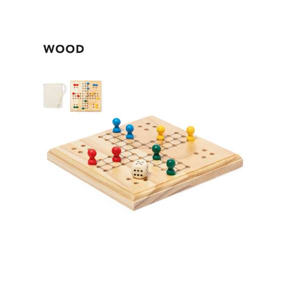 Entretenido juego de parchis fabricado en madera. Contiene un tablero, 16 fichas de 4 colores diferentes y un dado. Para participar entre 2 y 4 jugadores. Con práctica bolsita de algodón para guardar las fichas. Presentado individualmente en caja de diseño kraft.