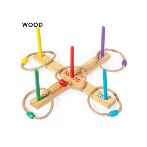 Juego de puntería fabricado en madera. Consiste en colar los aros de cuerda en la base con palos del mismo color (cada color tiene una puntuación diferente). Compacto y cómodo de montar, incluye 12 piezas. Con instrucciones en español e inglés. Presentado individualmente en una caja de diseño kraft.