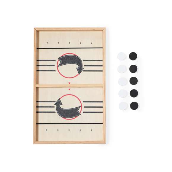Divertido juego de mesa fabricado en madera e ideal para los más competitivos. El juego consiste en lanzar las fichas desde cada campo al capo contrario usando el elástico. Gana el que más fichas cuele por la ranura del oponente. Tablero con 5 fichas blancas y 5 negras, presentado en una caja individual de diseño kraft.