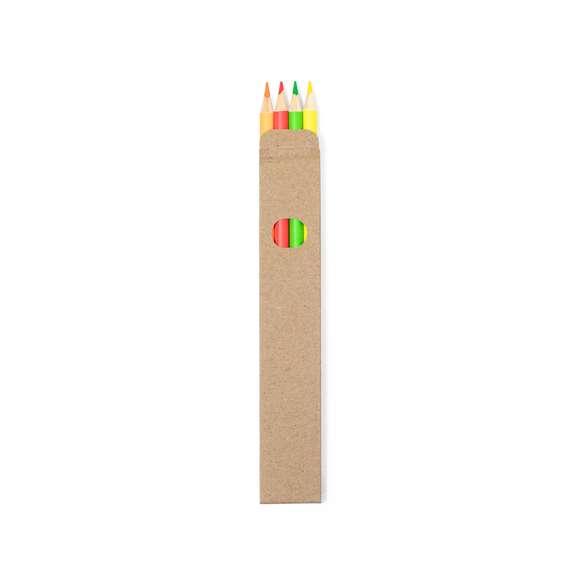 Set de 4 lápices en caja de cartón reciclada con ventana. Lápices de madera con cuerpo cilíndrico en variados colores fluor y minas en divertidos colores.