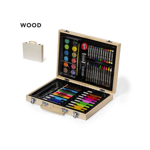 Completo maletín para colorear fabricado en madera, con cómoda asa de transporte. Contenido: - 12 rotuladores- 12 lápices- 12 ceras crayón - 12 ceras al aceite - Placa de acuarelas con pincel y paleta - Sacapuntas- Goma- Tarro de pegamento- Regla