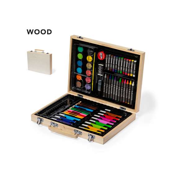 Completo maletín para colorear fabricado en madera, con cómoda asa de transporte. Contenido: - 12 rotuladores- 12 lápices- 12 ceras crayón - 12 ceras al aceite - Placa de acuarelas con pincel y paleta - Sacapuntas- Goma- Tarro de pegamento- Regla