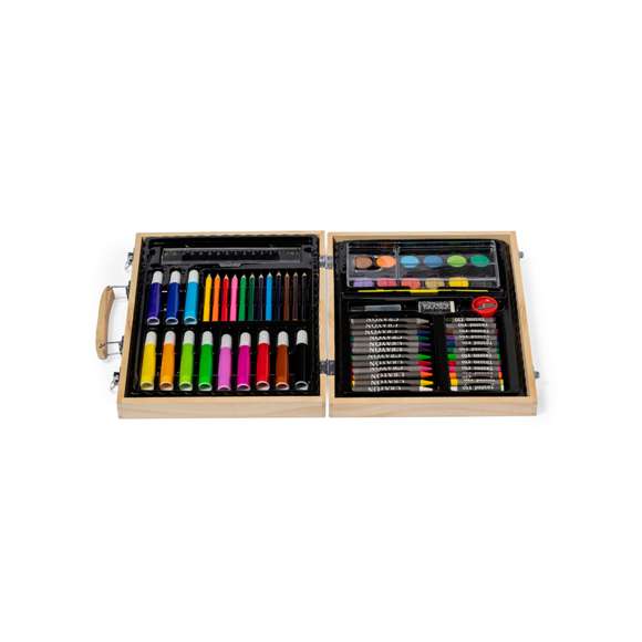 Completo maletín para colorear fabricado en madera, con cómoda asa de transporte. Contenido: - 12 rotuladores- 12 lápices- 12 ceras crayón - 12 ceras al aceite - Placa de acuarelas con pincel y paleta - Sacapuntas- Goma- Tarro de pegamento- Regla