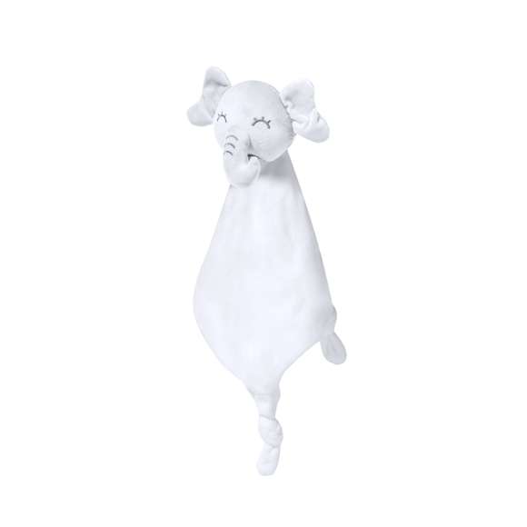 Tierno doudou con lindo diseño de elefante blanco. Con nudos en cada una de las 3 esquinas para estimular el sentido del tacto del bebé, facilitando la relajación. Fabricado en una única pieza de tela, para evitar que se separe en trozos más pequeños.