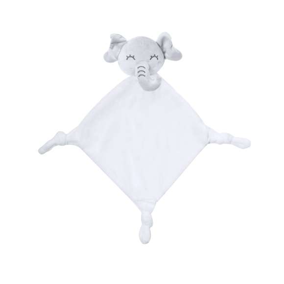 Tierno doudou con lindo diseño de elefante blanco. Con nudos en cada una de las 3 esquinas para estimular el sentido del tacto del bebé, facilitando la relajación. Fabricado en una única pieza de tela, para evitar que se separe en trozos más pequeños.