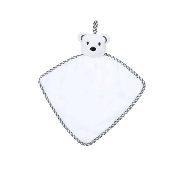 Tierno doudou con lindo diseño de osito blanco. Fabricado en una única pieza de tela, para evitar que se separe en trozos más pequeños. Con bordes reforzados en tela bicolor y práctica asa de transporte.