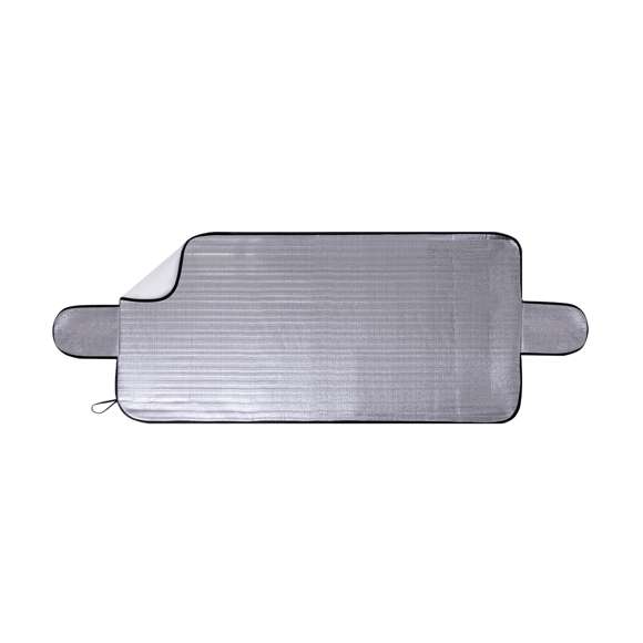 Resistente parasol de aluminio en una cara, diseñado para situarlo en el exterior de la luna delantera y como protección ante fenómenos adversos como la nieve. Incluye dos solapas laterales que se ajustan entre el marco y las puertas del vehículo, proporcionando un aislamiento adicional a la luna delantera. Enrollable y con gomas para un fácil almacenamiento.Presentado en bolsa individual reciclada.