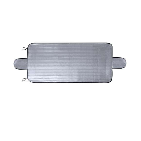 Resistente parasol de aluminio en una cara, diseñado para situarlo en el exterior de la luna delantera y como protección ante fenómenos adversos como la nieve. Incluye dos solapas laterales que se ajustan entre el marco y las puertas del vehículo, proporcionando un aislamiento adicional a la luna delantera. Enrollable y con gomas para un fácil almacenamiento.Presentado en bolsa individual reciclada.