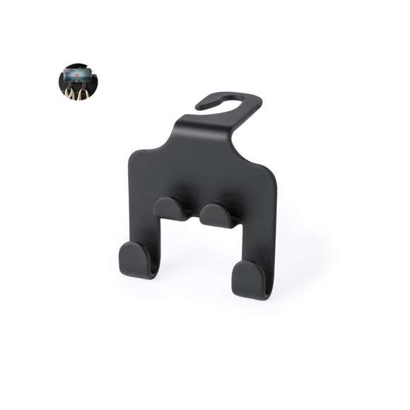 Resistente soporte fabricado en ABS. Fácil instalación mediante el gancho abierto diseñado para colocarse en el reposacabezas, con soporte para dispositivos móviles y dos ganchos adicionales para bolsas. Presentado en bolsa individual.