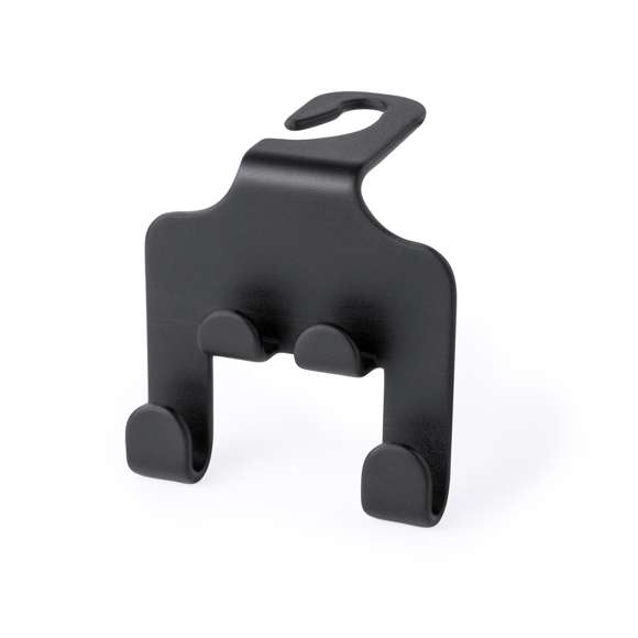 Resistente soporte fabricado en ABS. Fácil instalación mediante el gancho abierto diseñado para colocarse en el reposacabezas, con soporte para dispositivos móviles y dos ganchos adicionales para bolsas. Presentado en bolsa individual.